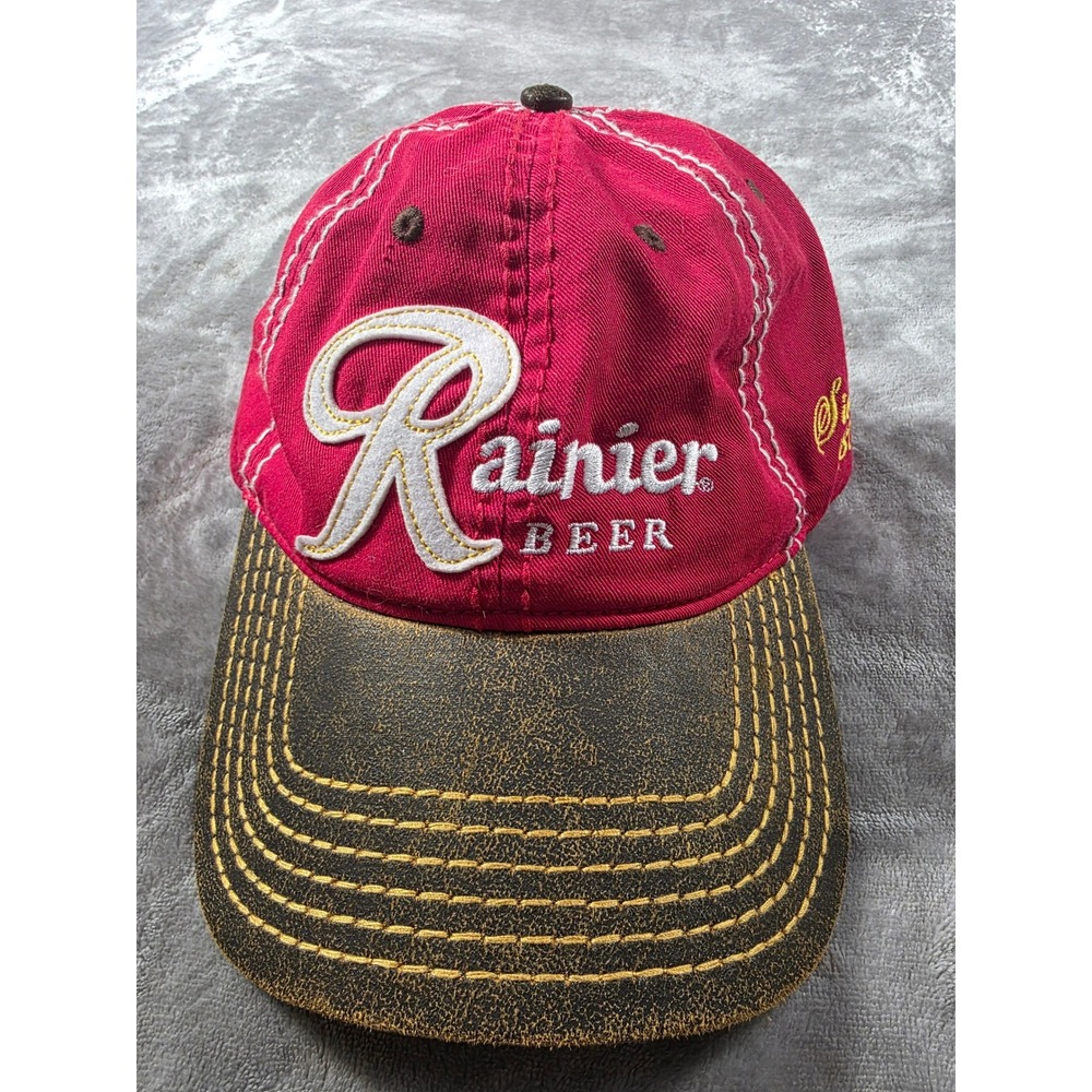 Rainier Beer Baseball Hat Cap America Mens OSFA Red Brown Distressed Logo Cap